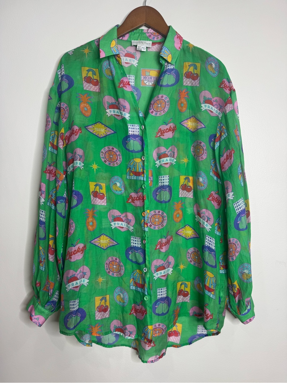 Never Fully Dress Green Fruit Sticker Lightweight Oversized Button Down Shirt 6